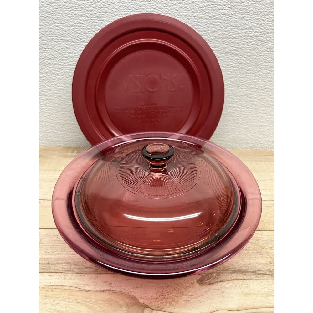 Vtg 1991 Pyrex Vision Cranberry Coning Cookware 1-Qt/L Round Casserole With Lids